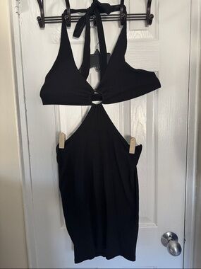 Better Be Black Ring-Front Cutout Halter Mini Dress